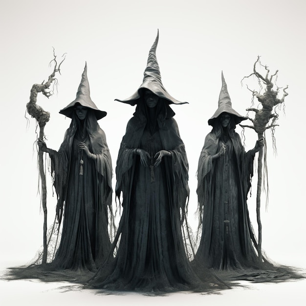 trois sorcières en robes noires et chapeaux debout l'un à côté de l'autre générative ai.