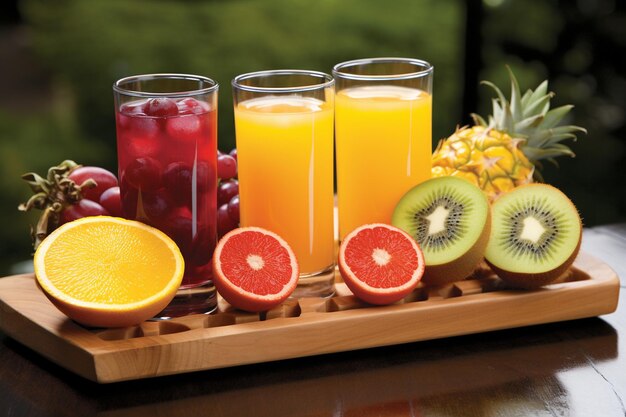 Trois sortes de fruits avec des verres de jus