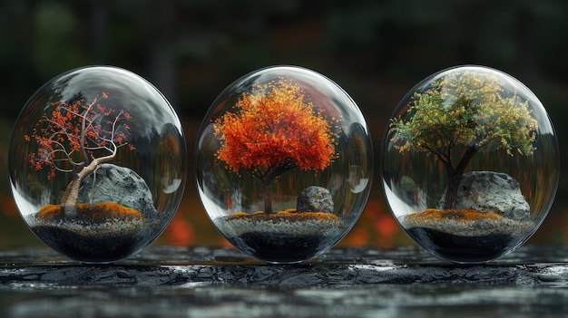 Trois sphères de cristal alignées côte à côte sur un fond naturel flou reflètent une phase séparée de l'arbre de l'automne à l'hiver