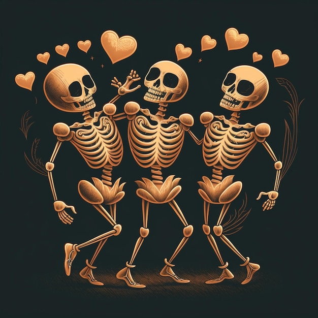 Photo trois squelettes dansant avec des cœurs volant autour d'eux ia générative