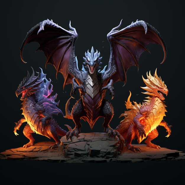 trois statues de dragon de couleurs différentes sur fond noir ai générative