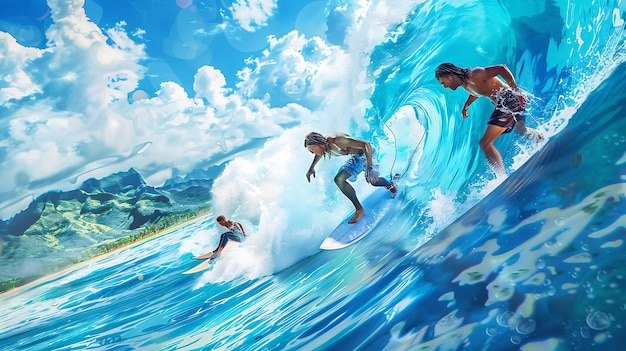 Trois surfeurs montent une grande vague la vague est cristalline et bleue les surfeurs portent tous des shorts le ciel est bleu et nuageux