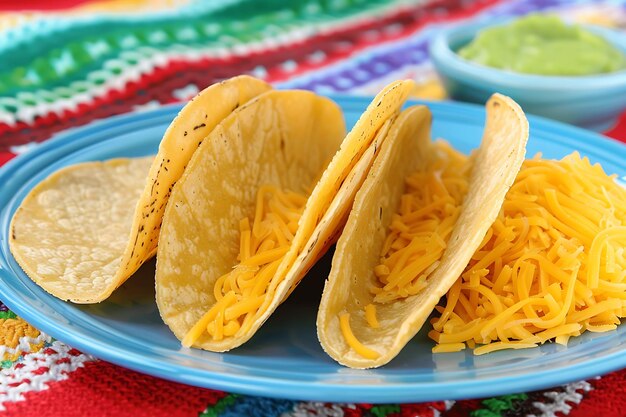 Photo trois tacos sur une assiette bleue avec un drap de table coloré