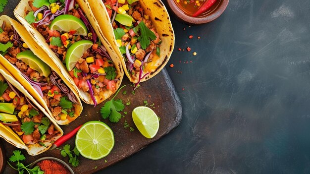 Trois tacos au poulet avec un assortiment de légumes coupés en dés et une pincée de coriandre.