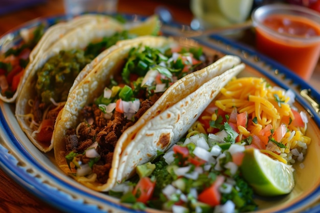 Photo trois tacos colorés et savoureux présentés sur une assiette décorative posée sur une table en bois dans un cadre confortable