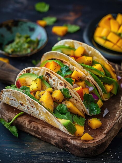 Photo trois tacos avec de la mangue et de l'avocat sur une planche de bois