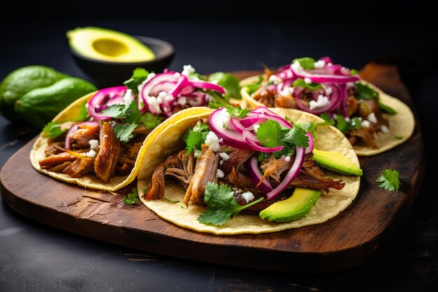 Photo trois tacos de porc mexicain avec des légumes verts, de l'avocat et de l'oignon sur la planche en bois