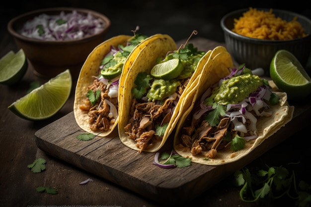 Trois tacos de rue aux carnitas de porc dans une tortilla de maïs jaune Illustration AI Generative