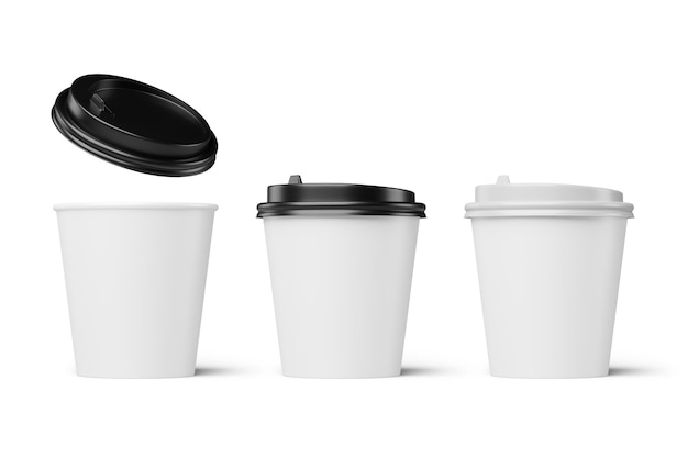 Trois tasses à café blanches isolées sur blanc rendu 3d