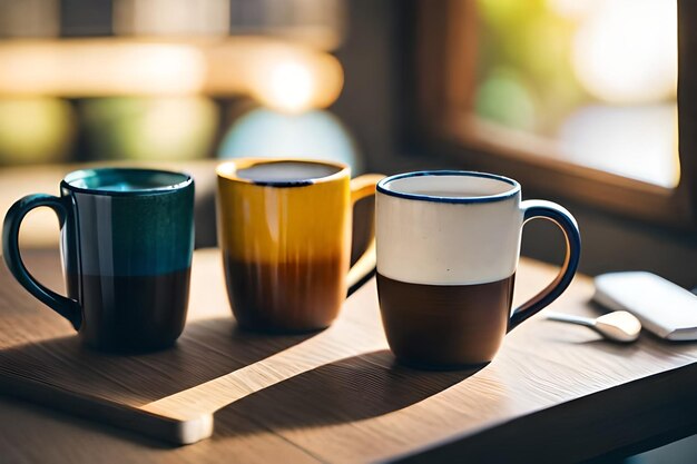 trois tasses de café sont sur une table dont une a une grande tasse orange et jaune