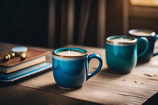 trois tasses de café sur une table avec une bougie au milieu