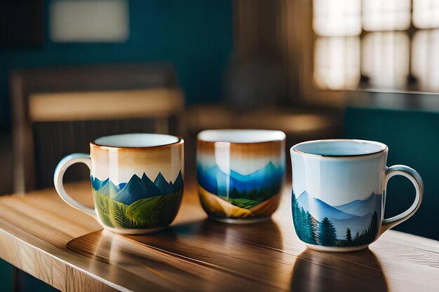 trois tasses avec des montagnes dessus, dont l'une a une scène de montagne dessus.