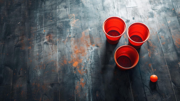 Trois tasses rouges préparées pour un jeu de beer pong sur une table texturée avec une balle à proximité