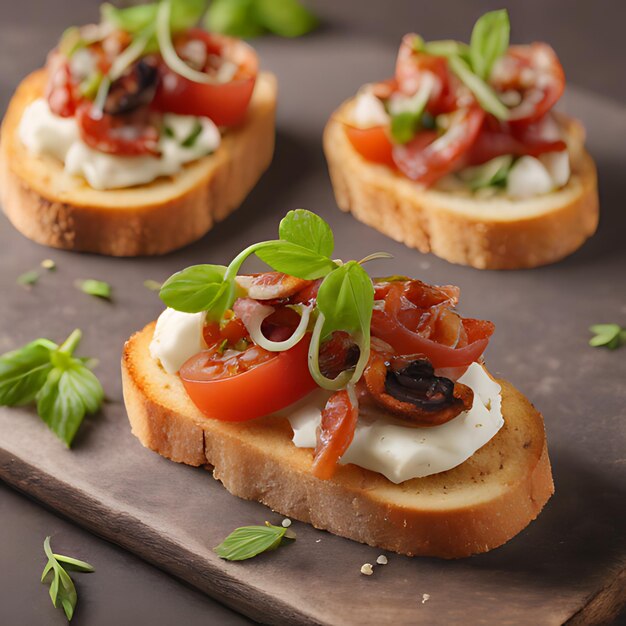 Photo trois tomates tranchées sur un pain grillé avec une tranche de tomate