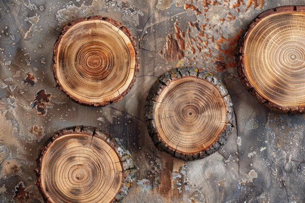 Photo trois tranches de bois avec des anneaux d'arbres montrant l'âge et l'histoire