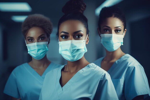 Trois travailleuses de la santé sérieuses portant un masque de protection