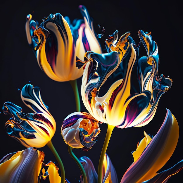 Trois tulipes colorées sont montrées dans une pièce sombre Generative AI