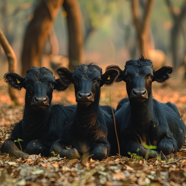 trois vaches noires allongées dans les bois avec des arbres en arrière-plan