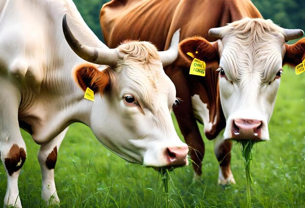 Photo trois vaches sont debout dans un champ avec l'un d'eux a une étiquette jaune sur son oreille