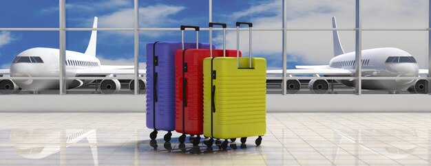 Trois valises de couleurs vives sur l'illustration 3d de la bannière de fond du terminal de l'aéroport