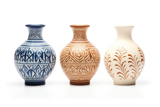 Trois vases bien disposés l'un à côté de l'autre sur un fond blanc ou transparent PNG