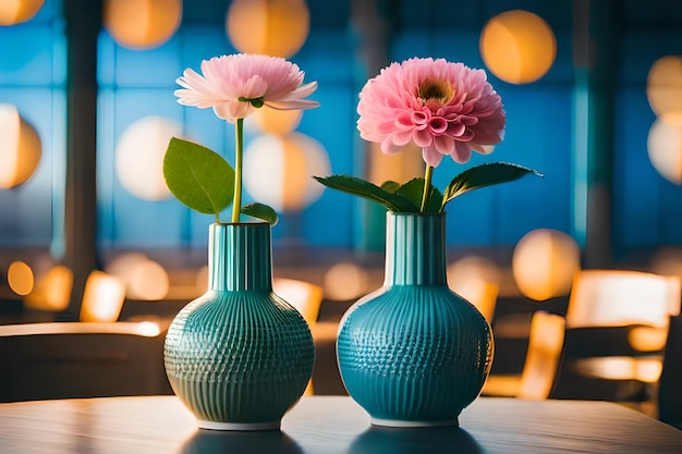 trois vases bleus avec des fleurs roses sont sur une table