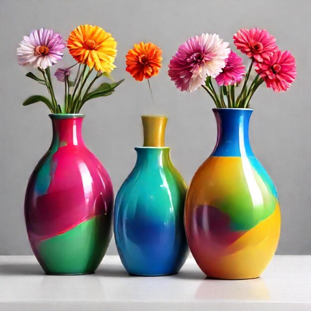 Photo trois vases colorés avec des fleurs en eux dont l'un est multicolore avec une bande verte