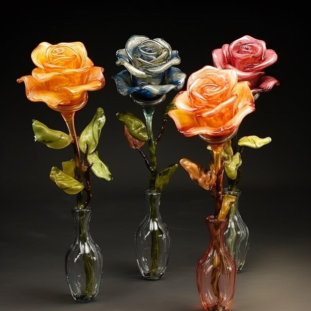 trois vases contenant des fleurs sont assis sur une table ai générative