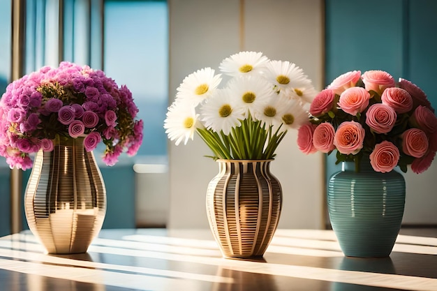 trois vases contenant des fleurs sont posés sur une table.