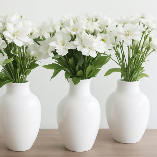 Trois vases avec des fleurs blanches à l'intérieur dont l'un est un vase avec l'autre avec l'autres