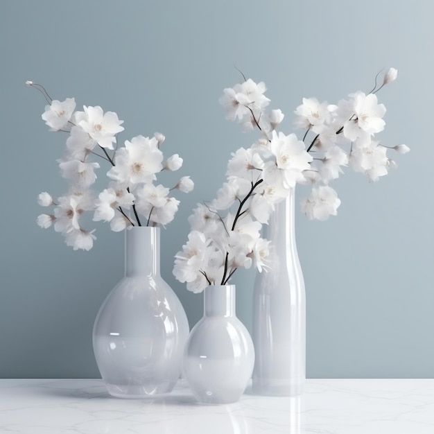 Trois vases à fleurs blanches sont posés sur une table.