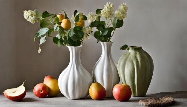 trois vases avec des fleurs et des pommes sur une table avec l'un d'eux a des fleurs dedans