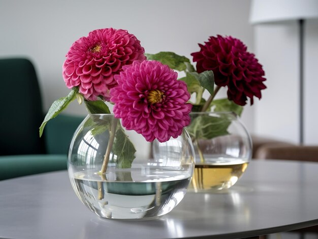 Photo trois vases de fleurs sur une table avec une chaise verte en arrière-plan.