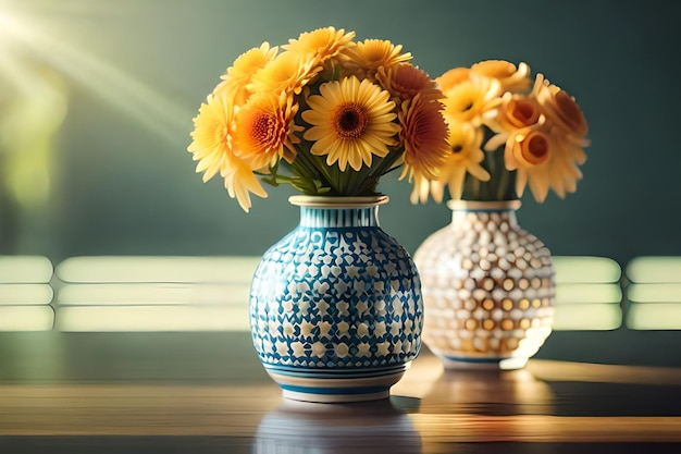 trois vases avec des tournesols, dont un bleu et blanc.