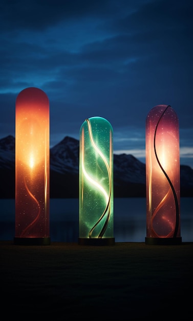 Trois vases en verre avec un motif tourbillonnant sont éclairés la nuit par IA générative