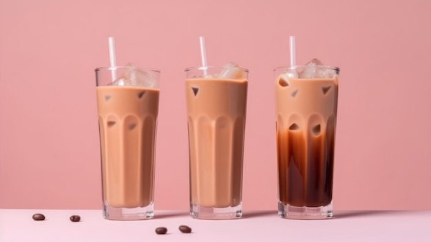 Trois verres de café glacé sur fond rose avec des grains de café.