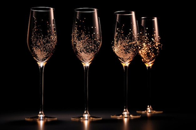 Trois verres de champagne sur fond noir avec bokeh doré Verres luxueux avec champagne doré sur fond sombre AI généré