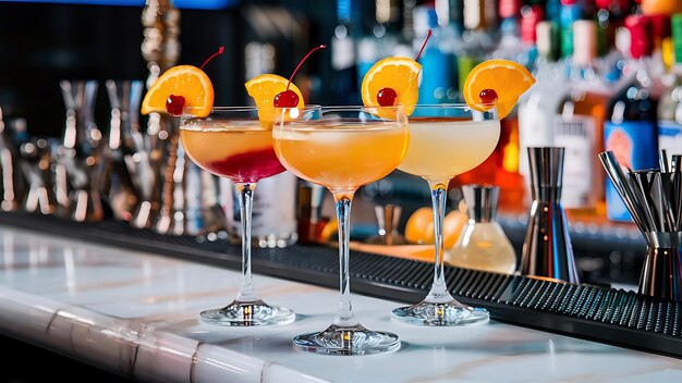 Trois verres de cocktails à l'orange et à la cerise sur le comptoir du bar.