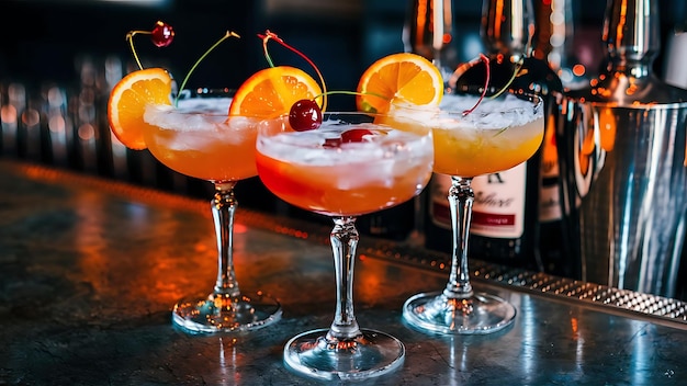 Trois verres de cocktails à l'orange et à la cerise sur le comptoir du bar.