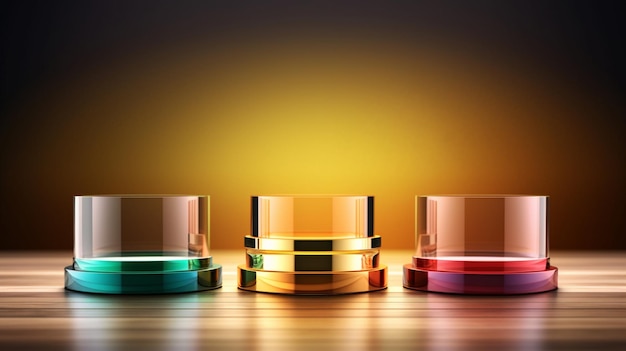 Trois verres de couleurs différentes sont alignés sur une table en bois ai générative