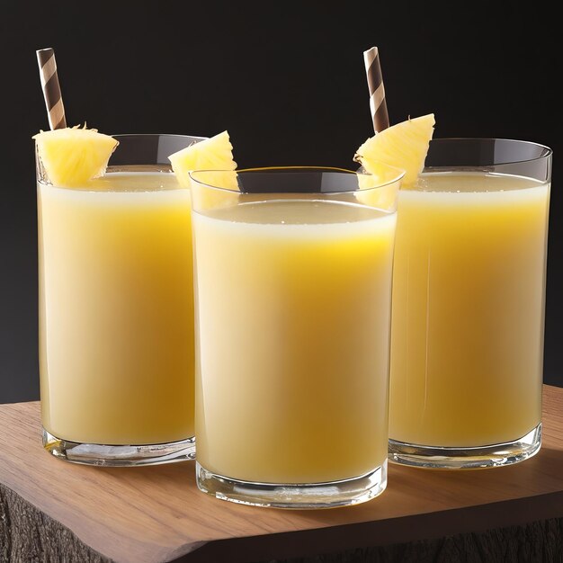 Trois verres de jus d'ananas s'asseoir sur une planche de bois