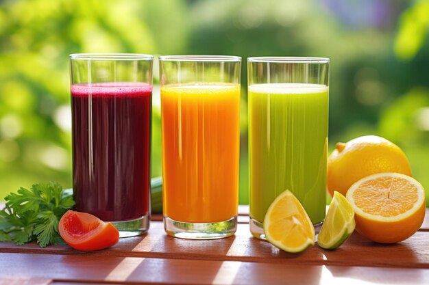 Photo trois verres de jus de légumes aux couleurs vives sur une table ensoleillée