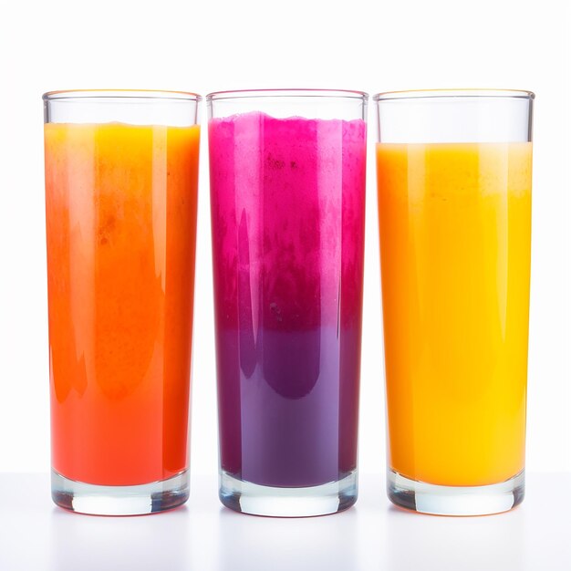 Photo trois verres de jus de légumes végétaliens organiques colorés sur un fond blanc