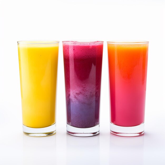 Photo trois verres de jus de légumes végétaliens organiques colorés sur un fond blanc