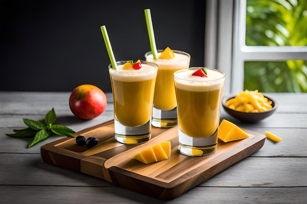 Trois verres de jus de mangue sur un plateau en bois avec une paille verte et des tranches de mangue sur le côté.