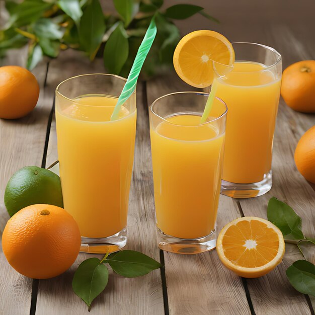 trois verres de jus d'orange assis sur une table en bois avec des oranges et des feuilles vertes