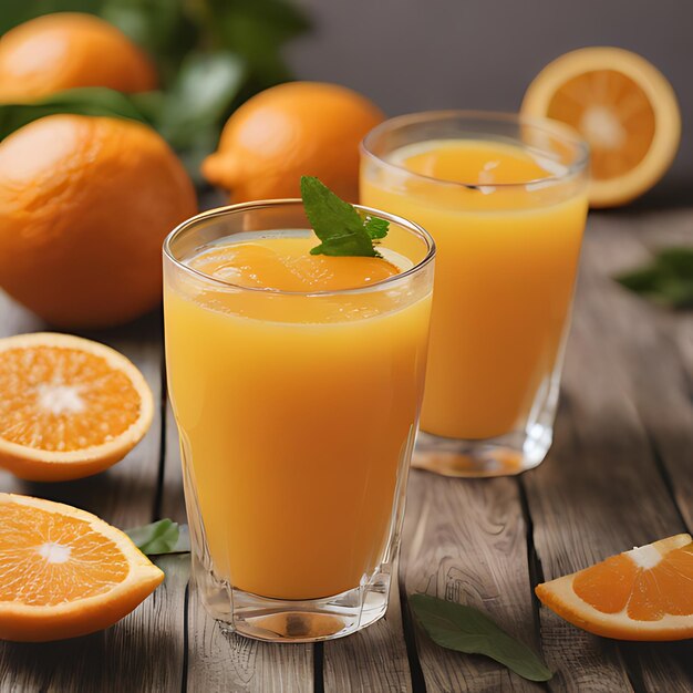 trois verres de jus d'orange assis sur une table en bois