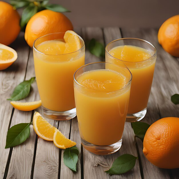 trois verres de jus d'orange assis sur une table en bois