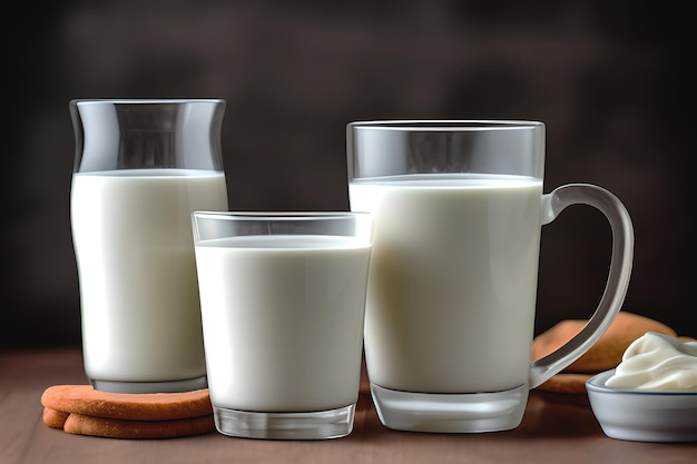 Trois verres de lait de vache frais sur la table