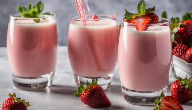 Photo trois verres de milk-shake à la fraise sur une table